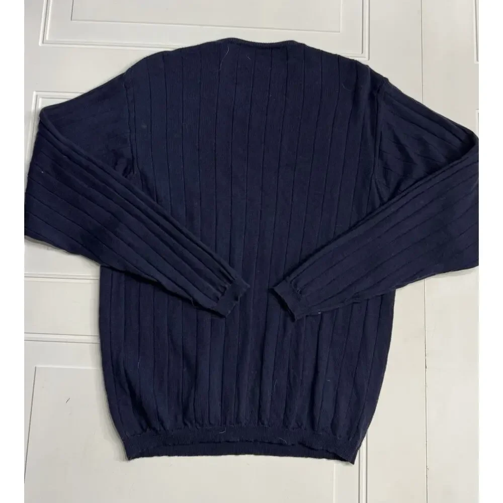 Brandini Navy Blue Merino Wool Ribbed Long Sleeve V Neck Sweater Men's Medium